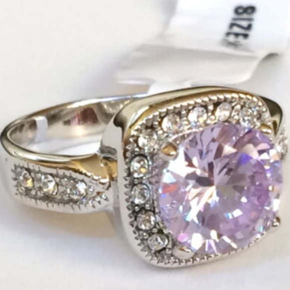 Silver Deco Amethyst Halo Cocktail Ring Size 10 Purple Cubic Zirconia Rodium - Picture 1 of 8